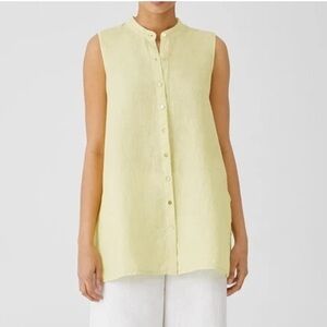Eileen Fisher Yellow Linen Sleeveless Banded Collar Button Front Tunic Medium